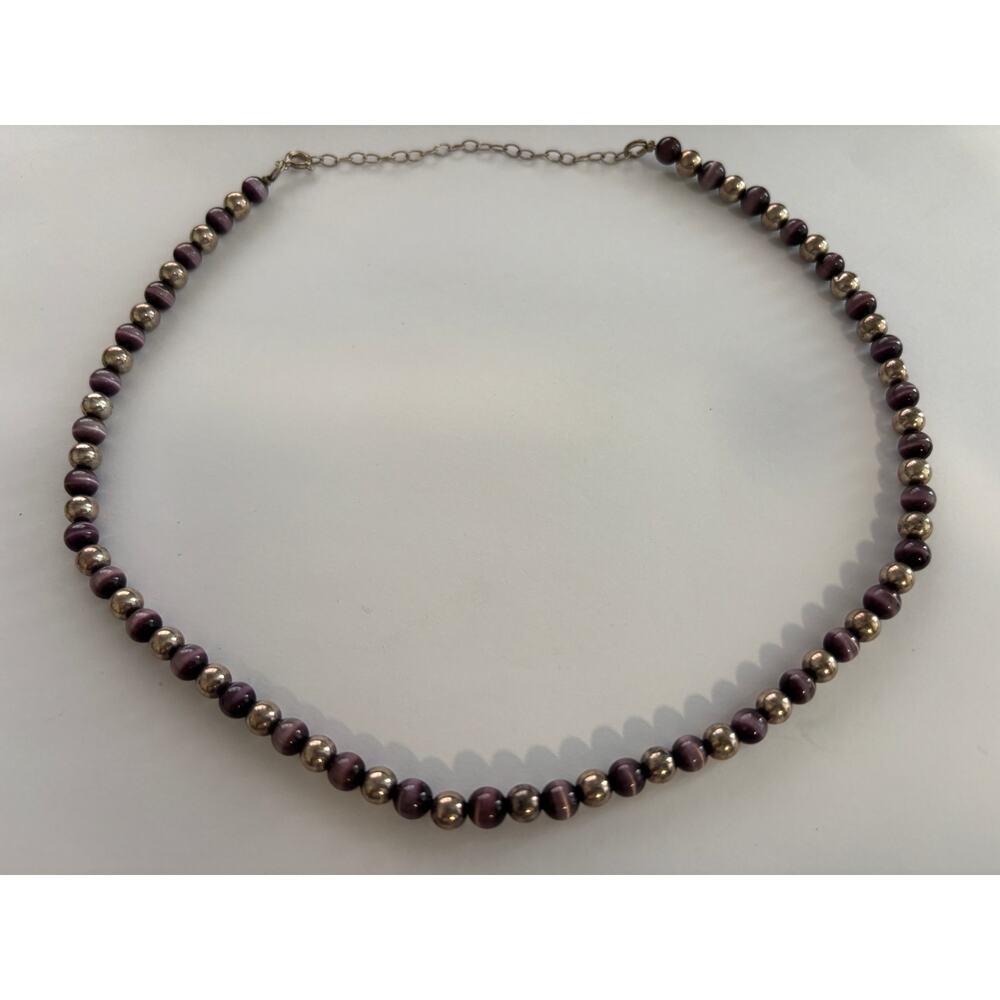 Sterling Silver & Purple Cats Eye Beads Necklace 18"